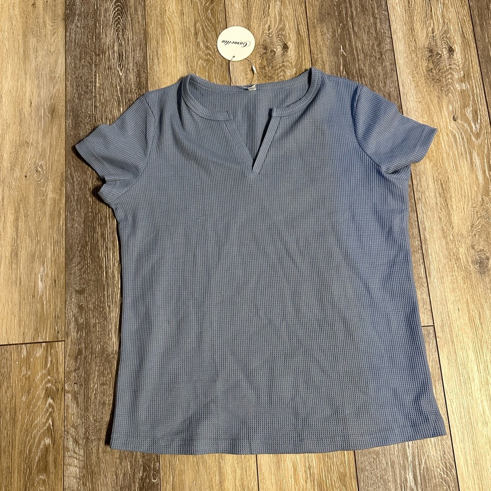 Women’s Caracilia Waffle Knit V Neck Blue Short Sleeve Tee
